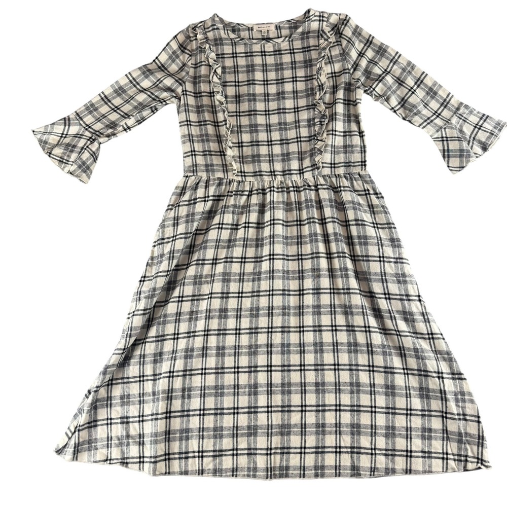 Hailey & Co Womens Small Plaid Ruffle Bell Sleeve Midi Dress Cream Black‎ Grey